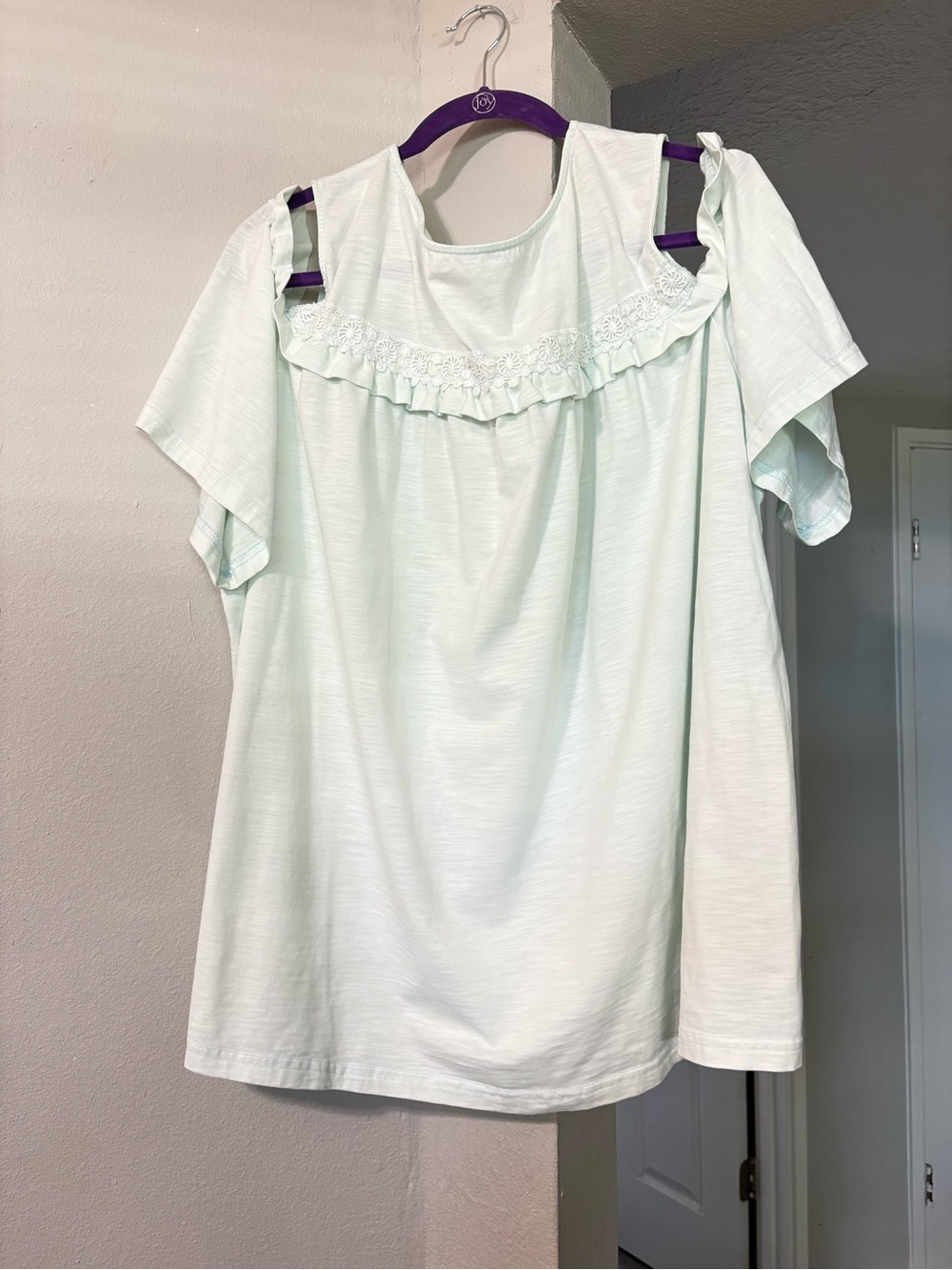 Woman Within Mint Cold-Shoulder Ruffle Lace Top - Plus Size
